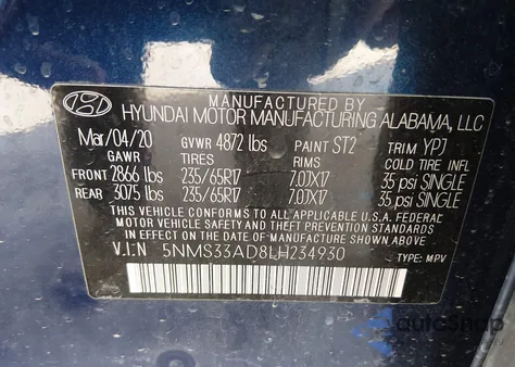 2020 Hyundai Santa Fe Sel из США, поврежденный, VIN 5NMS33AD8LH234930